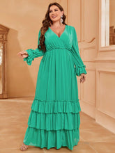 Plus Lantern Sleeve Layered Ruffle Hem Chiffon Dress - Elonnashop